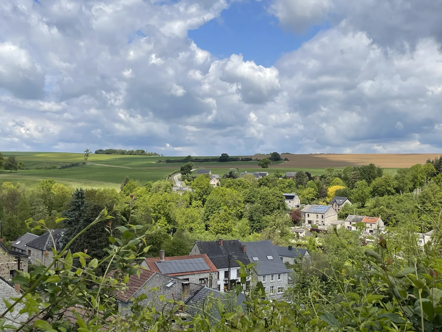 Village rural wallon entouré de champs et de bois